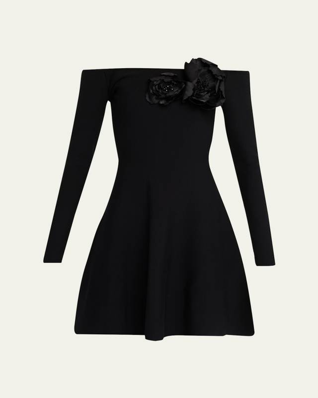 Off-The-Shoulder Flower Applique Long-Sleeve Knit Mini Dress